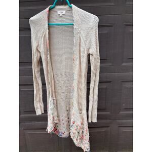 Anthropologie Fiets Voor2 Womens Beige Knit Cardigan Open Front Silk Ribbon s/m